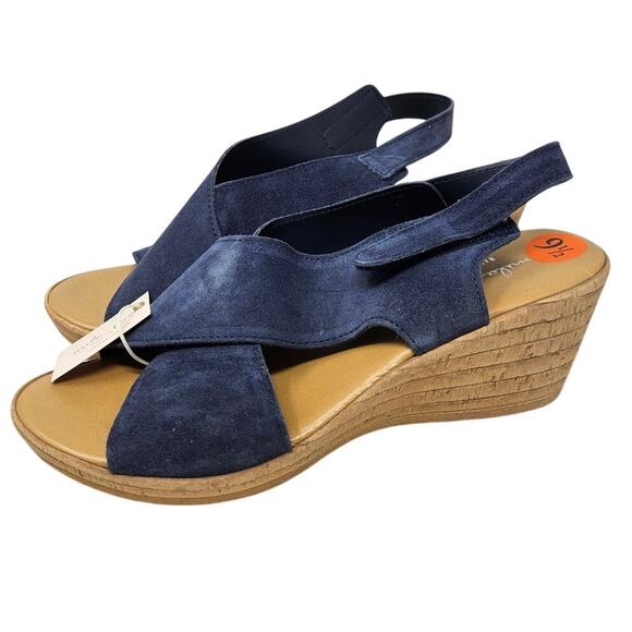 NEW Mila Paoli 9.5 Navy Blue Leather Wedge Heel Coastal Comfort Casual - Picture 1 of 5
